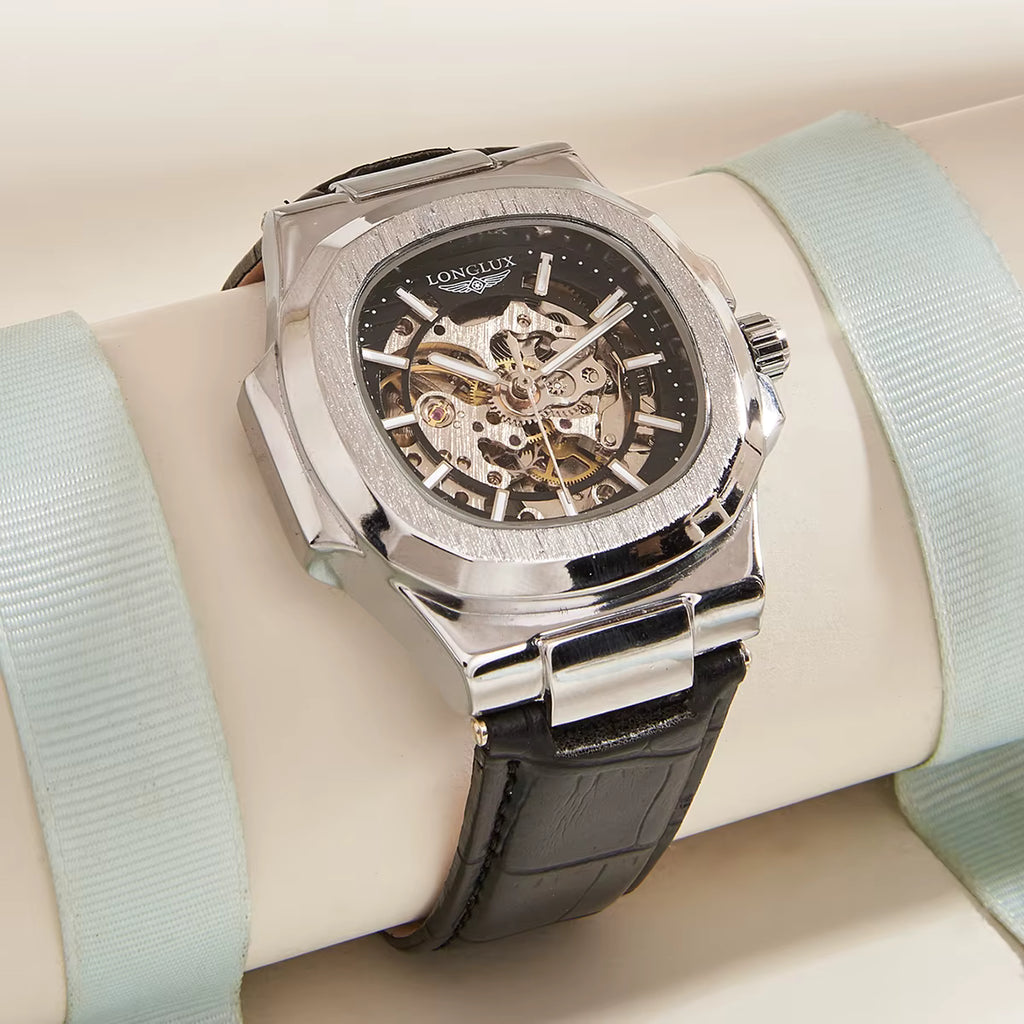 Montre mécanique automatique LONGLUX pour homme, étanche, en cuir, style squelette, simple et luxueuse, idéale pour l'extérieur