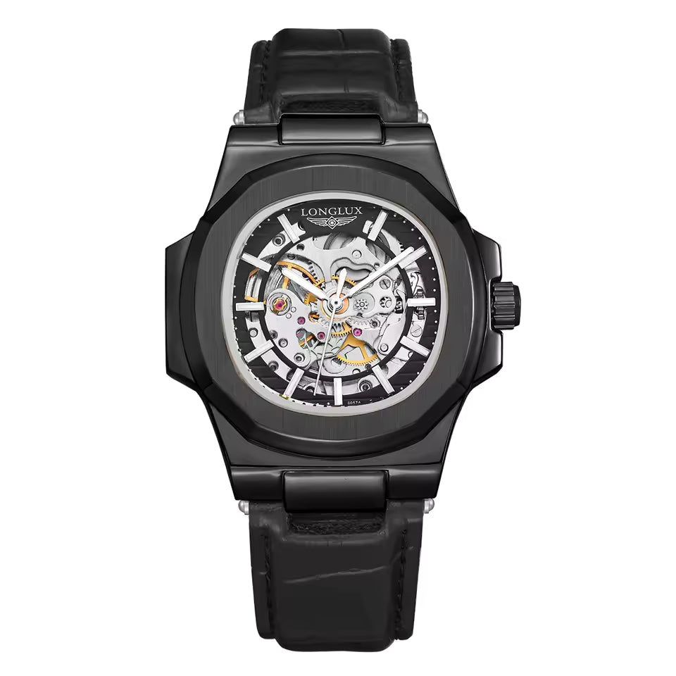 Montre mécanique automatique LONGLUX pour homme, étanche, en cuir, style squelette, simple et luxueuse, idéale pour l'extérieur