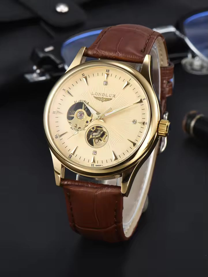 Montre automatique LONGLUX, style élégant, montres mécaniques à bracelet squelette, cadran romain, étanche, montre pour homme