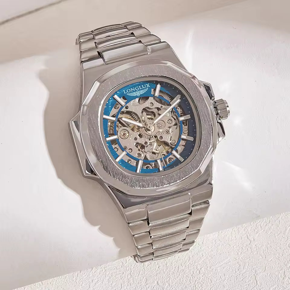 LONGLUX PROMOTION Montre mécanique automatique pour homme, sans logo, étanche, squelette, affaires, acier inoxydable