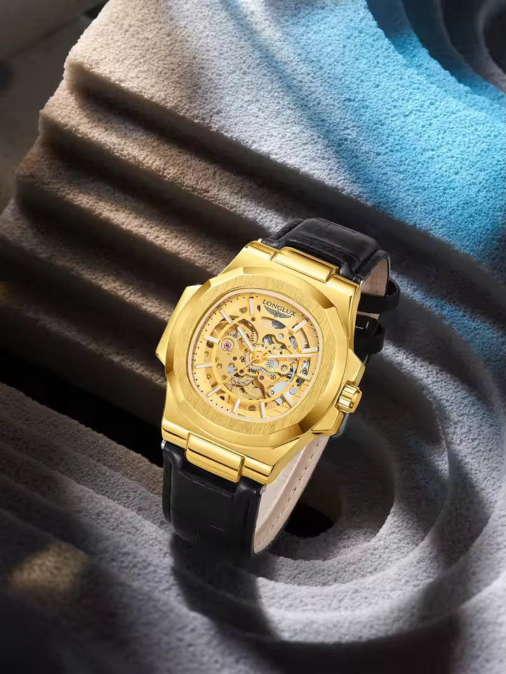 Montre mécanique automatique LONGLUX pour homme, étanche, en cuir, style squelette, simple et luxueuse, idéale pour l'extérieur