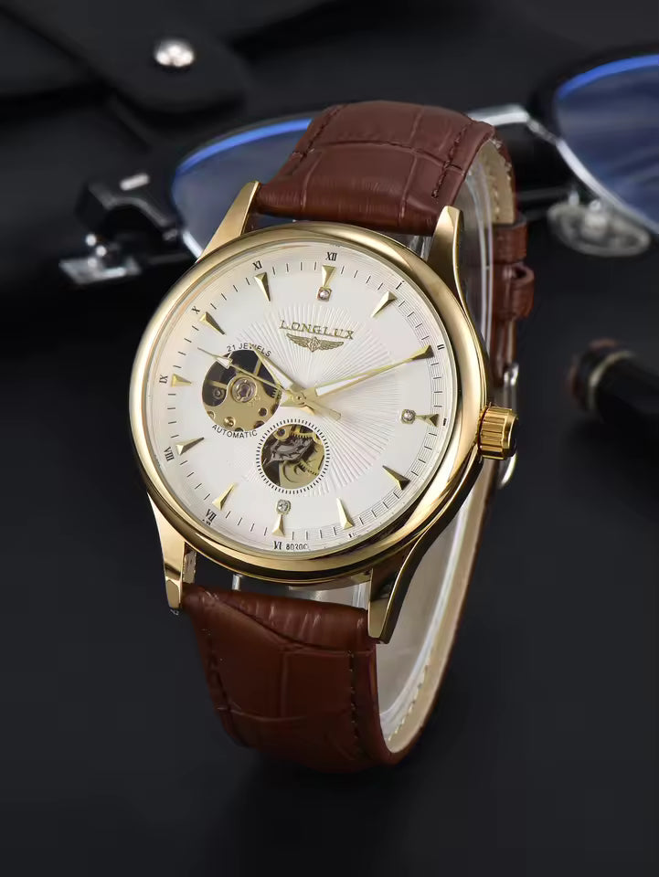 Montre automatique LONGLUX, style élégant, montres mécaniques à bracelet squelette, cadran romain, étanche, montre pour homme