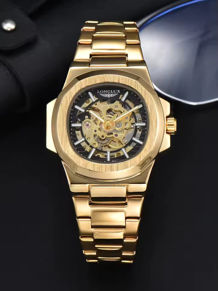 LONGLUX PROMOTION Montre mécanique automatique pour homme, sans logo, étanche, squelette, affaires, acier inoxydable