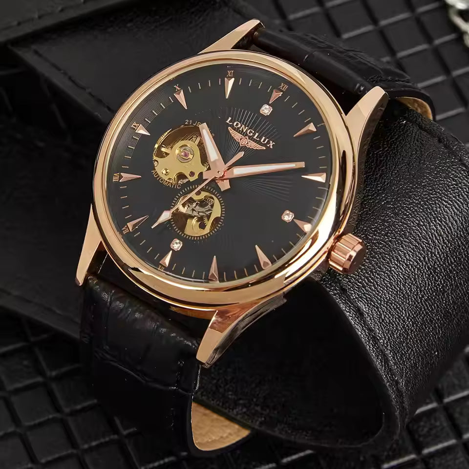 Montre automatique LONGLUX, style élégant, montres mécaniques à bracelet squelette, cadran romain, étanche, montre pour homme