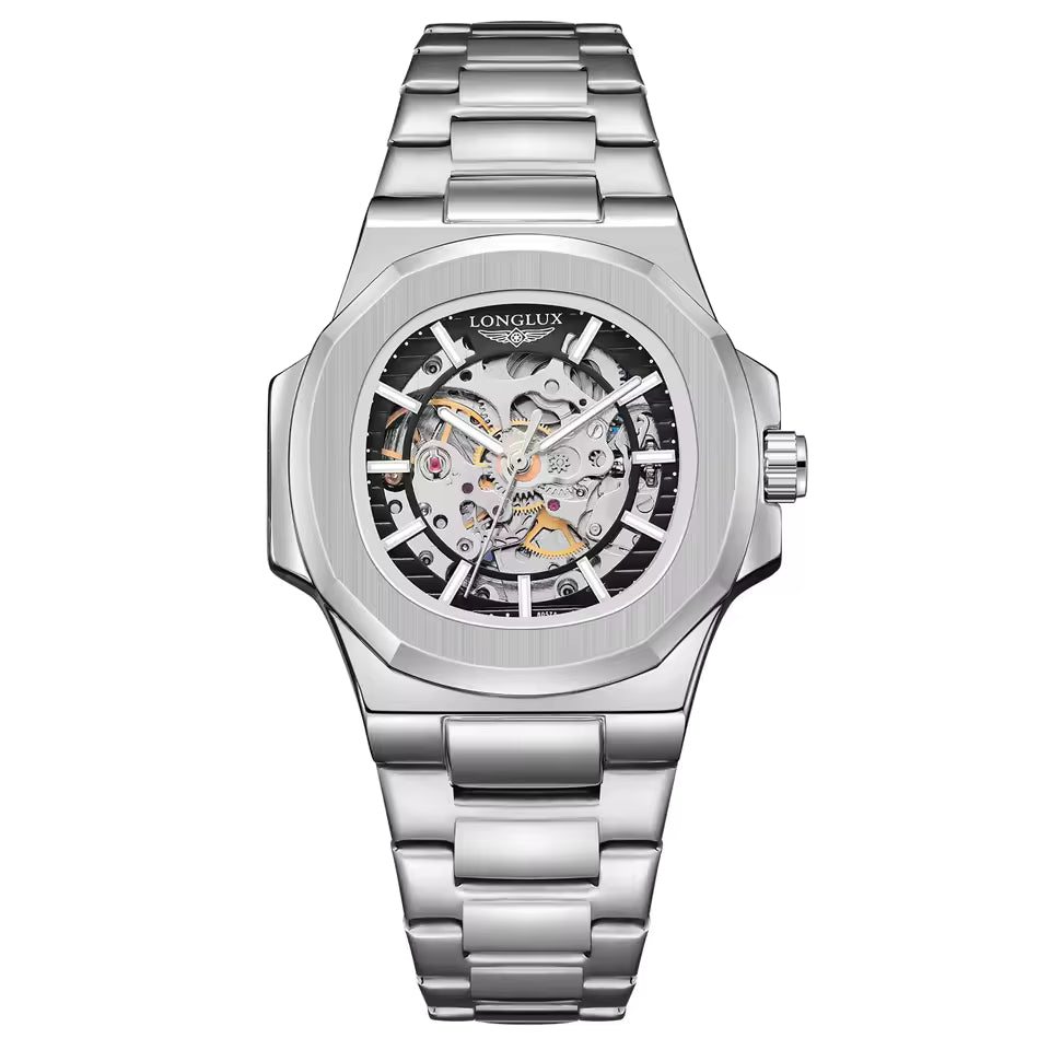 LONGLUX PROMOTION Montre mécanique automatique pour homme, sans logo, étanche, squelette, affaires, acier inoxydable