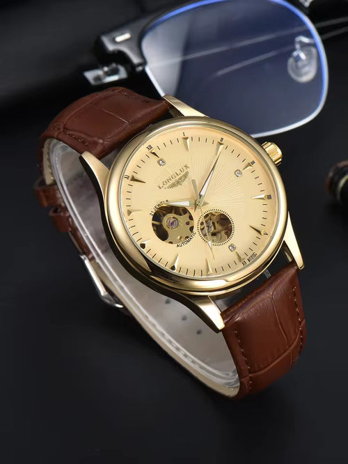 Montre automatique LONGLUX, style élégant, montres mécaniques à bracelet squelette, cadran romain, étanche, montre pour homme