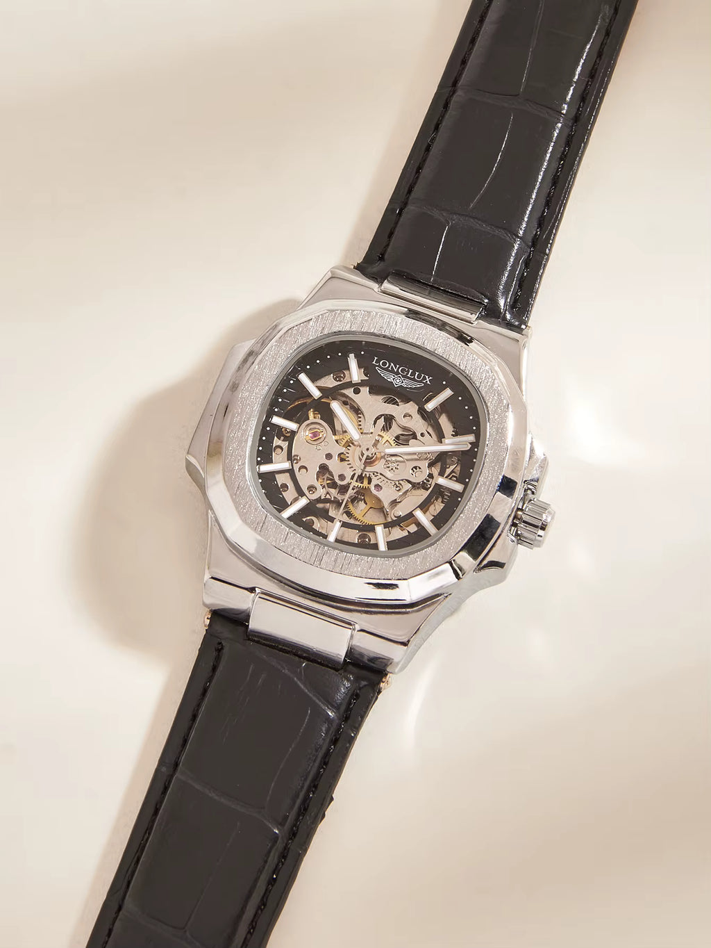 Montre mécanique automatique LONGLUX pour homme, étanche, en cuir, style squelette, simple et luxueuse, idéale pour l'extérieur