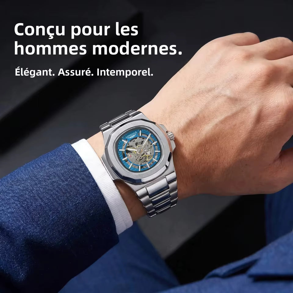 LONGLUX PROMOTION Montre mécanique automatique pour homme, sans logo, étanche, squelette, affaires, acier inoxydable