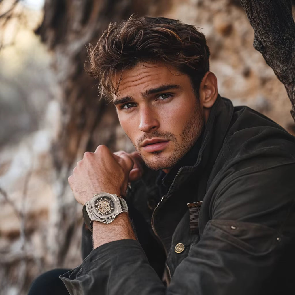 Montre mécanique automatique LONGLUX pour homme, étanche, en cuir, style squelette, simple et luxueuse, idéale pour l'extérieur