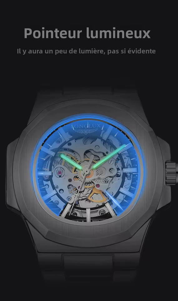 LONGLUX PROMOTION Montre mécanique automatique pour homme, sans logo, étanche, squelette, affaires, acier inoxydable