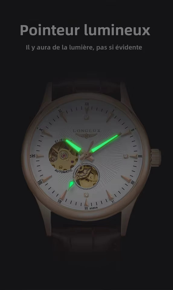 Montre automatique LONGLUX, style élégant, montres mécaniques à bracelet squelette, cadran romain, étanche, montre pour homme