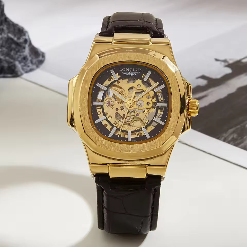 Montre mécanique automatique LONGLUX pour homme, étanche, en cuir, style squelette, simple et luxueuse, idéale pour l'extérieur