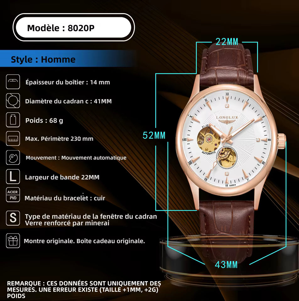 Montre automatique LONGLUX, style élégant, montres mécaniques à bracelet squelette, cadran romain, étanche, montre pour homme