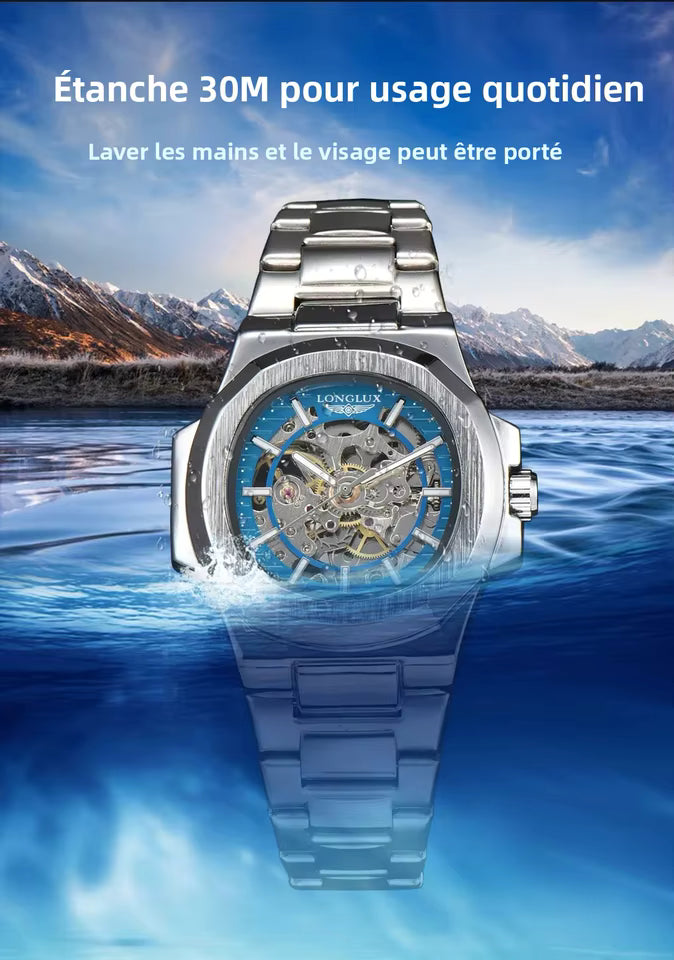 LONGLUX PROMOTION Montre mécanique automatique pour homme, sans logo, étanche, squelette, affaires, acier inoxydable