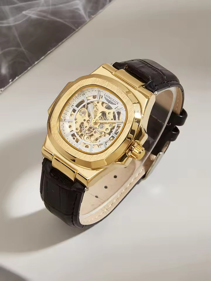 Montre mécanique automatique LONGLUX pour homme, étanche, en cuir, style squelette, simple et luxueuse, idéale pour l'extérieur