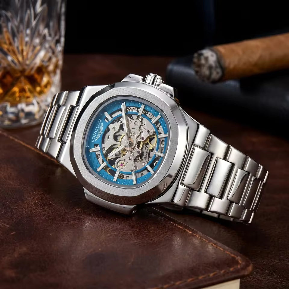 LONGLUX PROMOTION Montre mécanique automatique pour homme, sans logo, étanche, squelette, affaires, acier inoxydable