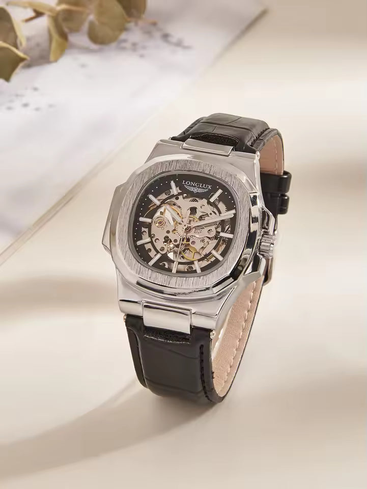 Montre mécanique automatique LONGLUX pour homme, étanche, en cuir, style squelette, simple et luxueuse, idéale pour l'extérieur