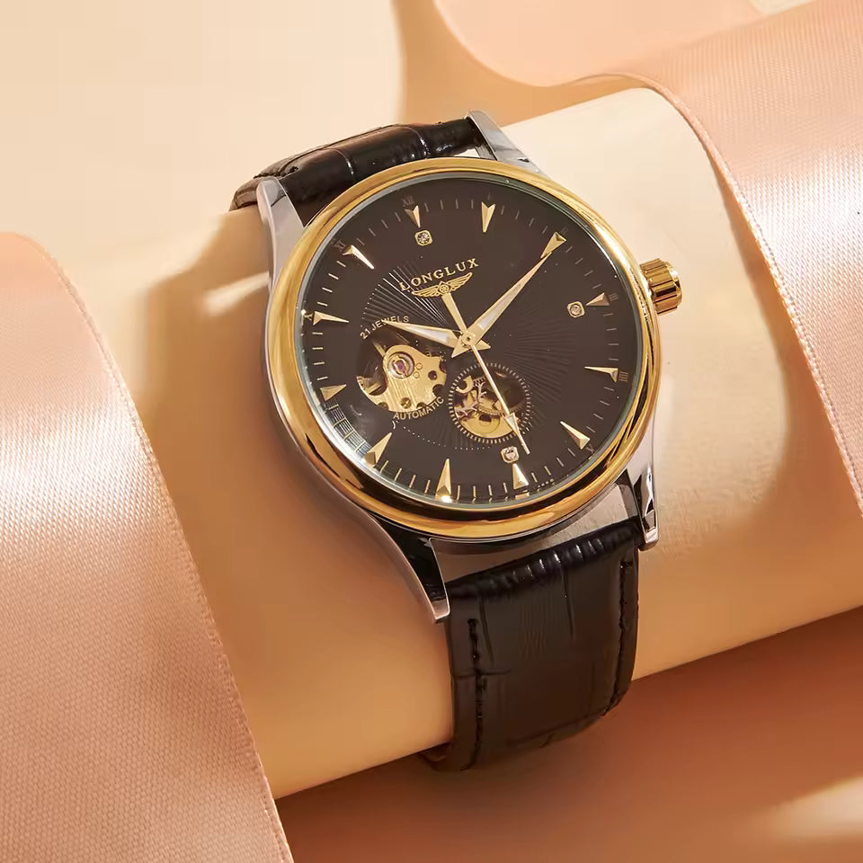 Montre automatique LONGLUX, style élégant, montres mécaniques à bracelet squelette, cadran romain, étanche, montre pour homme