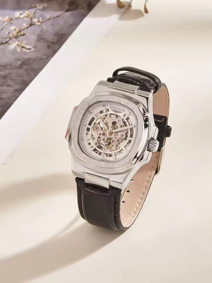 Montre mécanique automatique LONGLUX pour homme, étanche, en cuir, style squelette, simple et luxueuse, idéale pour l'extérieur