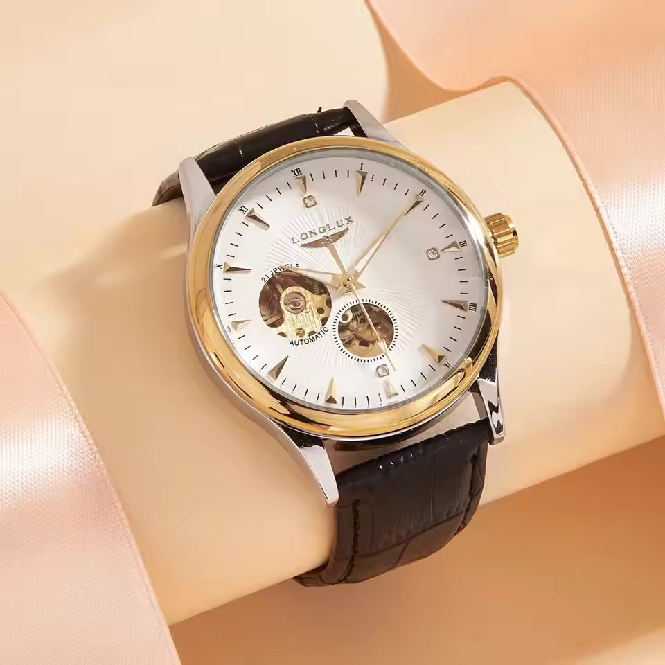 Montre automatique LONGLUX, style élégant, montres mécaniques à bracelet squelette, cadran romain, étanche, montre pour homme