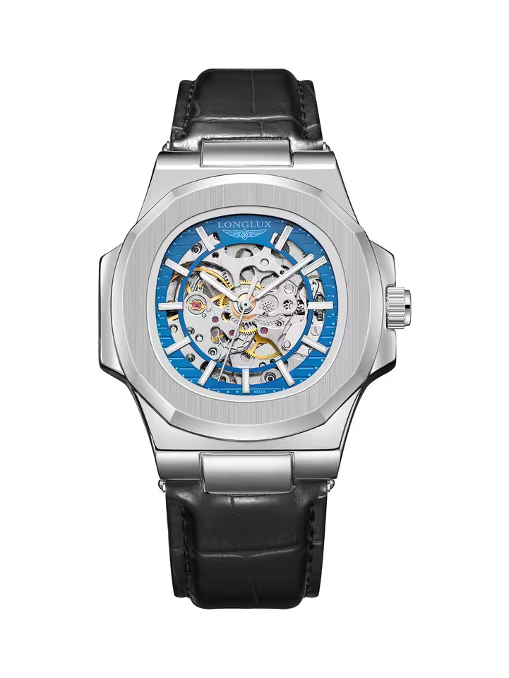 Montre mécanique automatique LONGLUX pour homme, étanche, en cuir, style squelette, simple et luxueuse, idéale pour l'extérieur