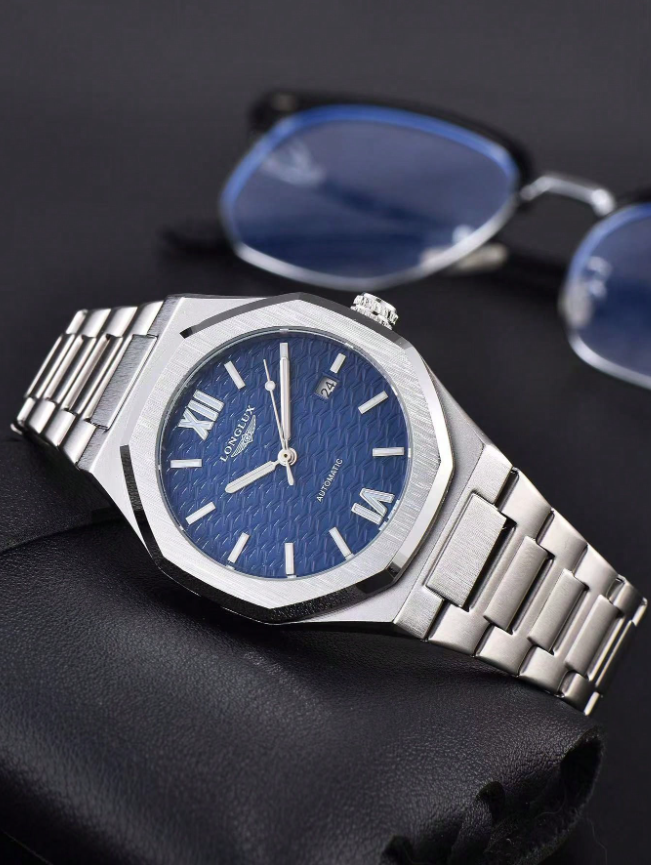 LONGLUX 1 pièce Montre mécanique automatique pour hommes avec calendrier, bracelet en acier, boucle papillon, décontractée et professionnelle