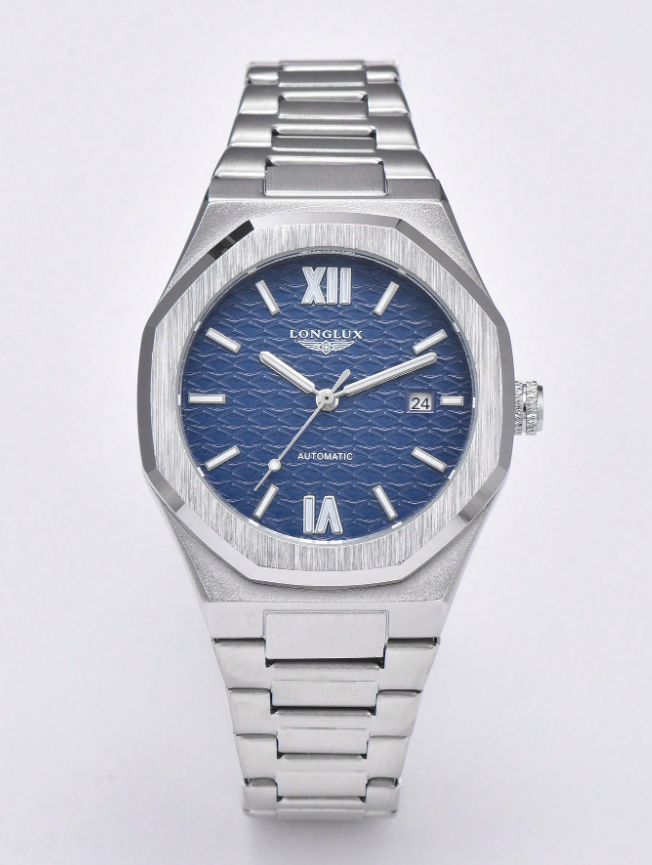 LONGLUX 1 pièce Montre mécanique automatique pour hommes avec calendrier, bracelet en acier, boucle papillon, décontractée et professionnelle