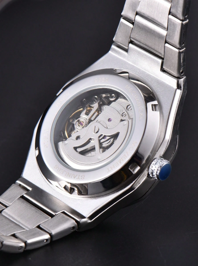 LONGLUX 1 pièce Montre mécanique automatique pour hommes avec calendrier, bracelet en acier, boucle papillon, décontractée et professionnelle