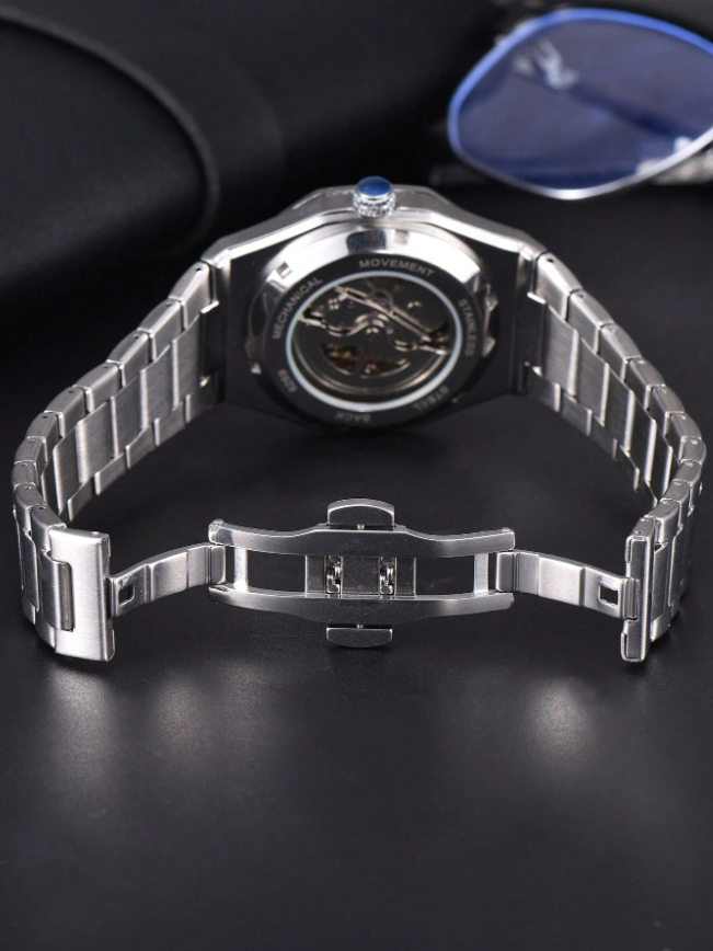 LONGLUX 1 pièce Montre mécanique automatique pour hommes avec calendrier, bracelet en acier, boucle papillon, décontractée et professionnelle