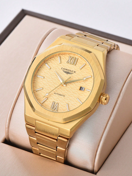 LONGLUX 1 pièce Montre mécanique automatique pour hommes avec calendrier, bracelet en acier, boucle papillon, décontractée et professionnelle