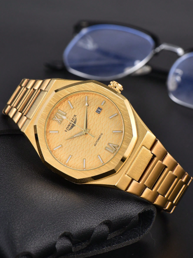 LONGLUX 1 pièce Montre mécanique automatique pour hommes avec calendrier, bracelet en acier, boucle papillon, décontractée et professionnelle
