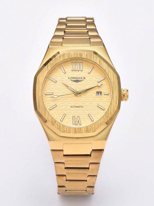LONGLUX 1 pièce Montre mécanique automatique pour hommes avec calendrier, bracelet en acier, boucle papillon, décontractée et professionnelle