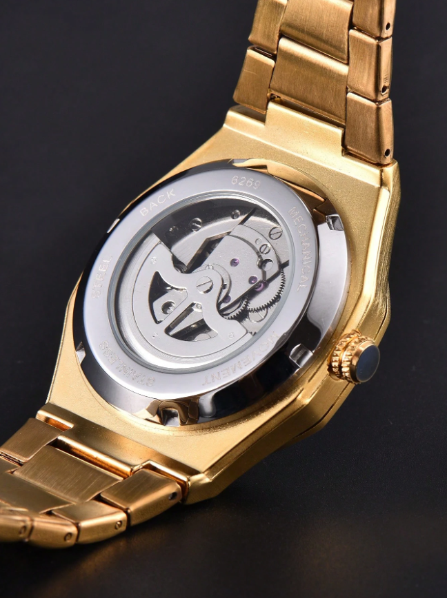 LONGLUX 1 pièce Montre mécanique automatique pour hommes avec calendrier, bracelet en acier, boucle papillon, décontractée et professionnelle