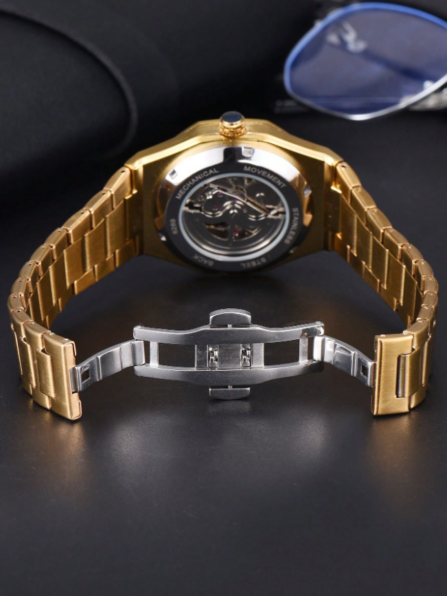 LONGLUX 1 pièce Montre mécanique automatique pour hommes avec calendrier, bracelet en acier, boucle papillon, décontractée et professionnelle